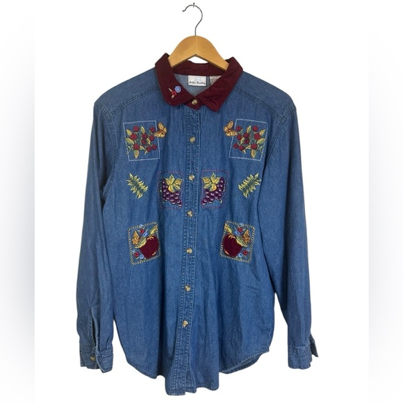 Vintage Bobbie Brooks Denim Embroidered Button Down | Butterfly | Art To Wear |L - Picture 2 of 4